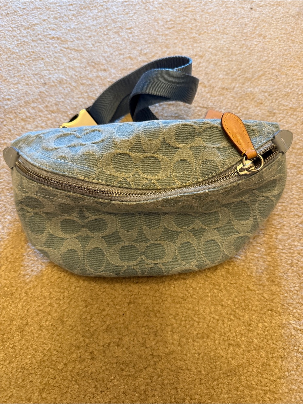 Coach Light Blue Signature Canvas Belt Bag with Leather Trim